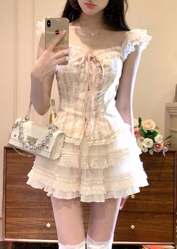 Cute Apricot Ruffled Lace Up Tulle Patchwork 2 Piece Summer EE1056