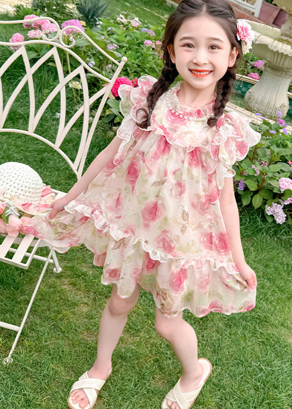 Cute Apricot Stand Collar Print Tulle Girls Mid Dress Summer XZ047