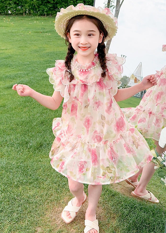 Cute Apricot Stand Collar Print Tulle Girls Mid Dress Summer XZ047