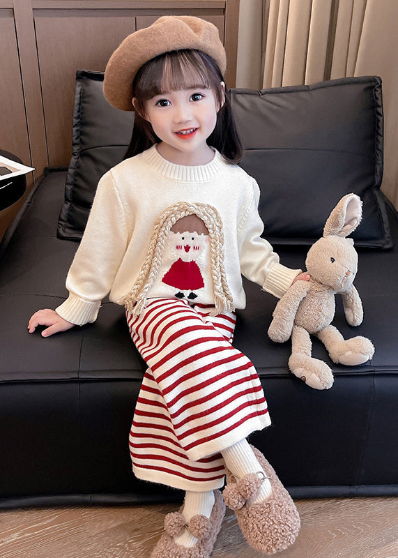 Cute Beige O-Neck Cotton Knit Girls Sweaters And Crop Pants Two Pieces Set Spring TR029