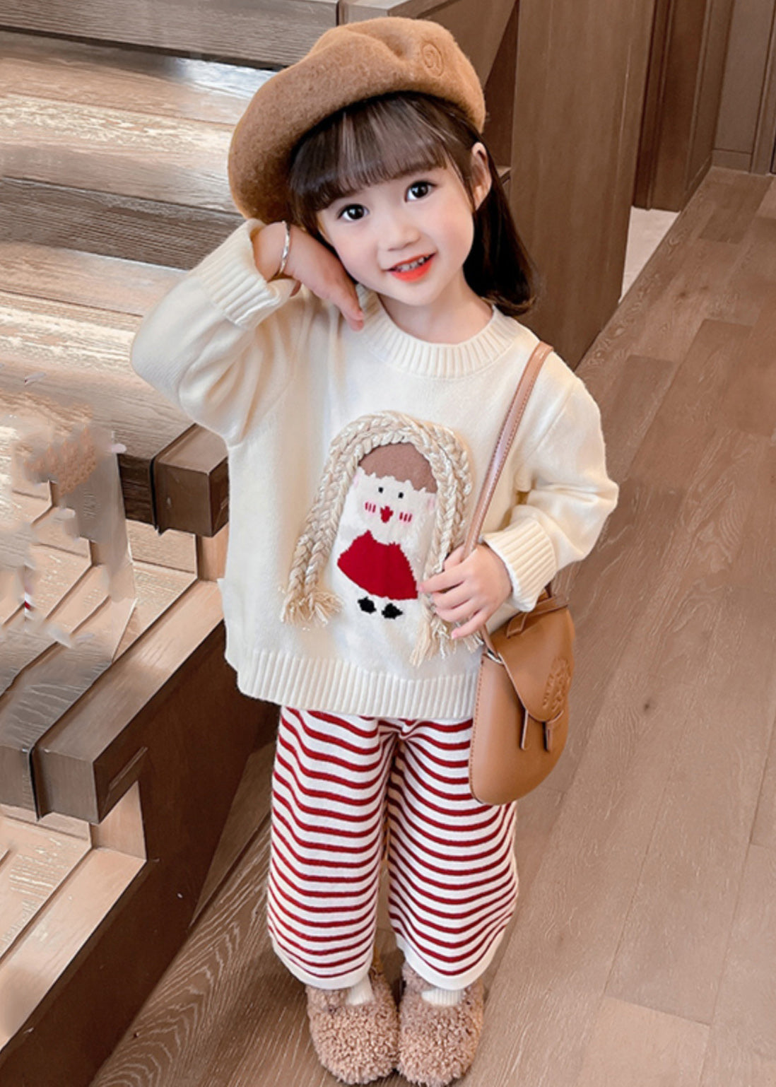 Cute Beige O-Neck Cotton Knit Girls Sweaters And Crop Pants Two Pieces Set Spring TR029