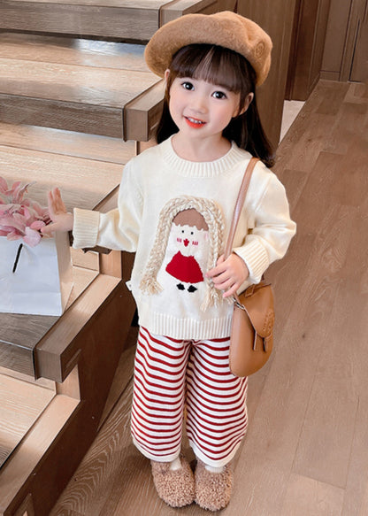 Cute Beige O-Neck Cotton Knit Girls Sweaters And Crop Pants Two Pieces Set Spring TR029