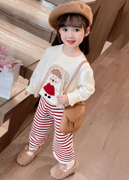 Cute Beige O-Neck Cotton Knit Girls Sweaters And Crop Pants Two Pieces Set Spring TR029