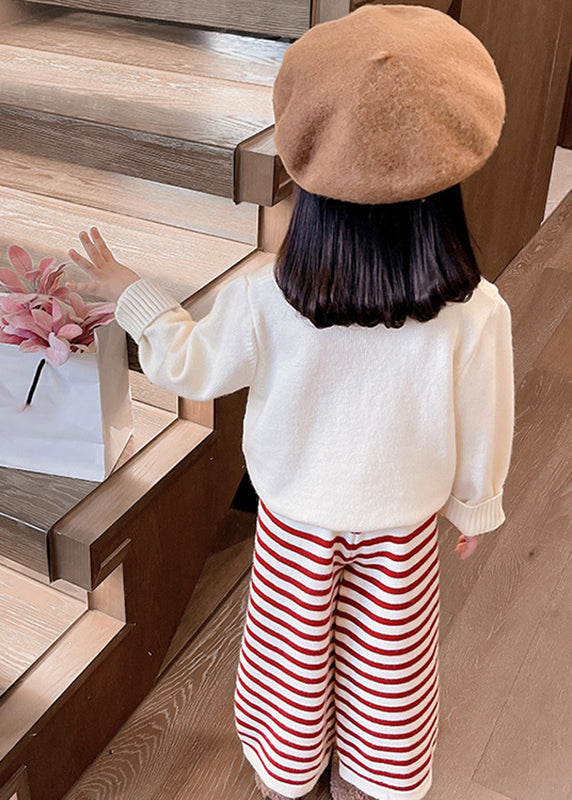 Cute Beige O-Neck Cotton Knit Girls Sweaters And Crop Pants Two Pieces Set Spring TR029