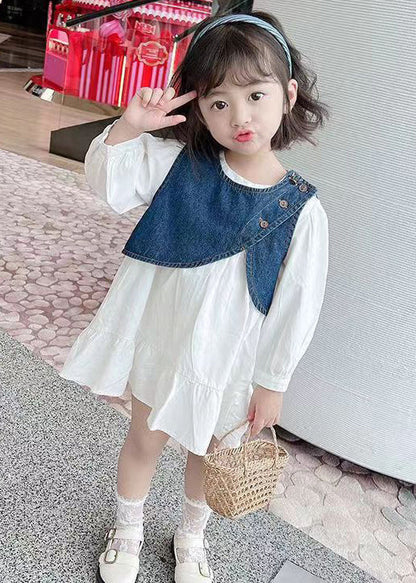 Cute Blue O-Neck Button Cotton Girls Two Pieces Set Long Sleeve XZ080