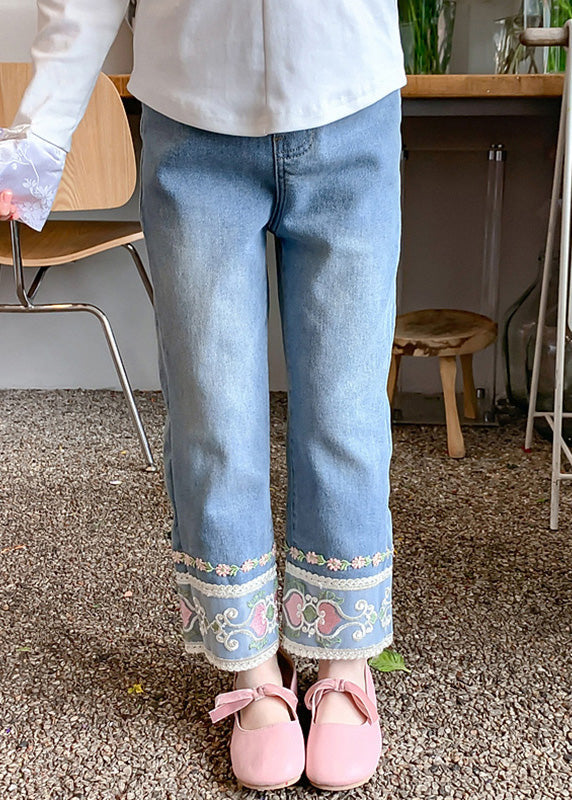 Cute Denim Blue Floral Pockets Kids Straight Pants Spring TV019