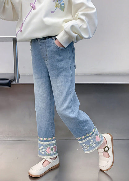 Cute Denim Blue Floral Pockets Kids Straight Pants Spring TV019