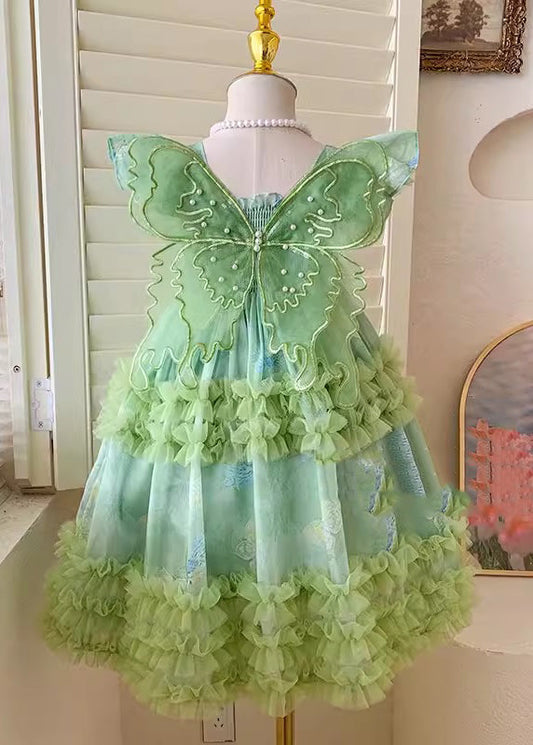 Cute Green Butterfly Tulle Kids Long Dresses Short Sleeve YE002