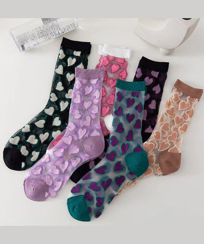 Chaussettes mi-longues fines transparentes en jacquard avec jolis cœurs KJ044