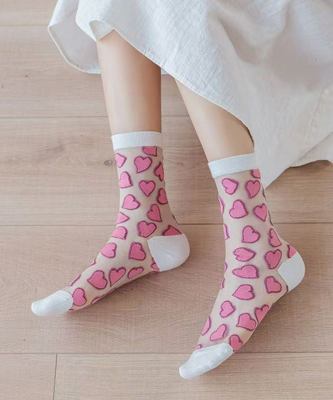 Chaussettes mi-longues fines transparentes en jacquard avec jolis cœurs KJ044