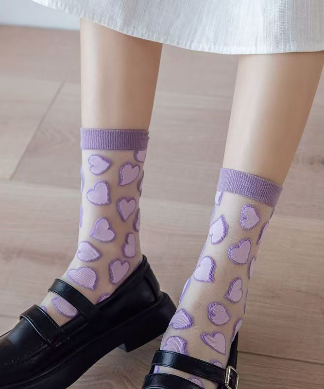 Chaussettes mi-longues fines transparentes en jacquard avec jolis cœurs KJ044