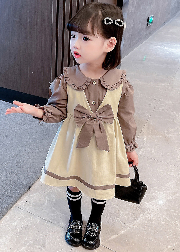 Cute Khaki Bow Shirt And Dress Cotton Girls Two Piece Set Fall XZ066