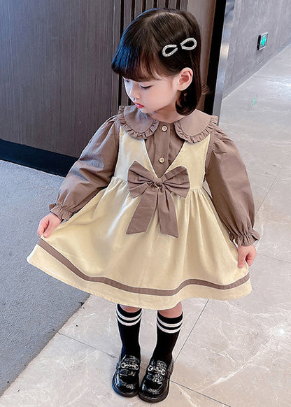 Cute Khaki Bow Shirt And Dress Cotton Girls Two Piece Set Fall XZ066