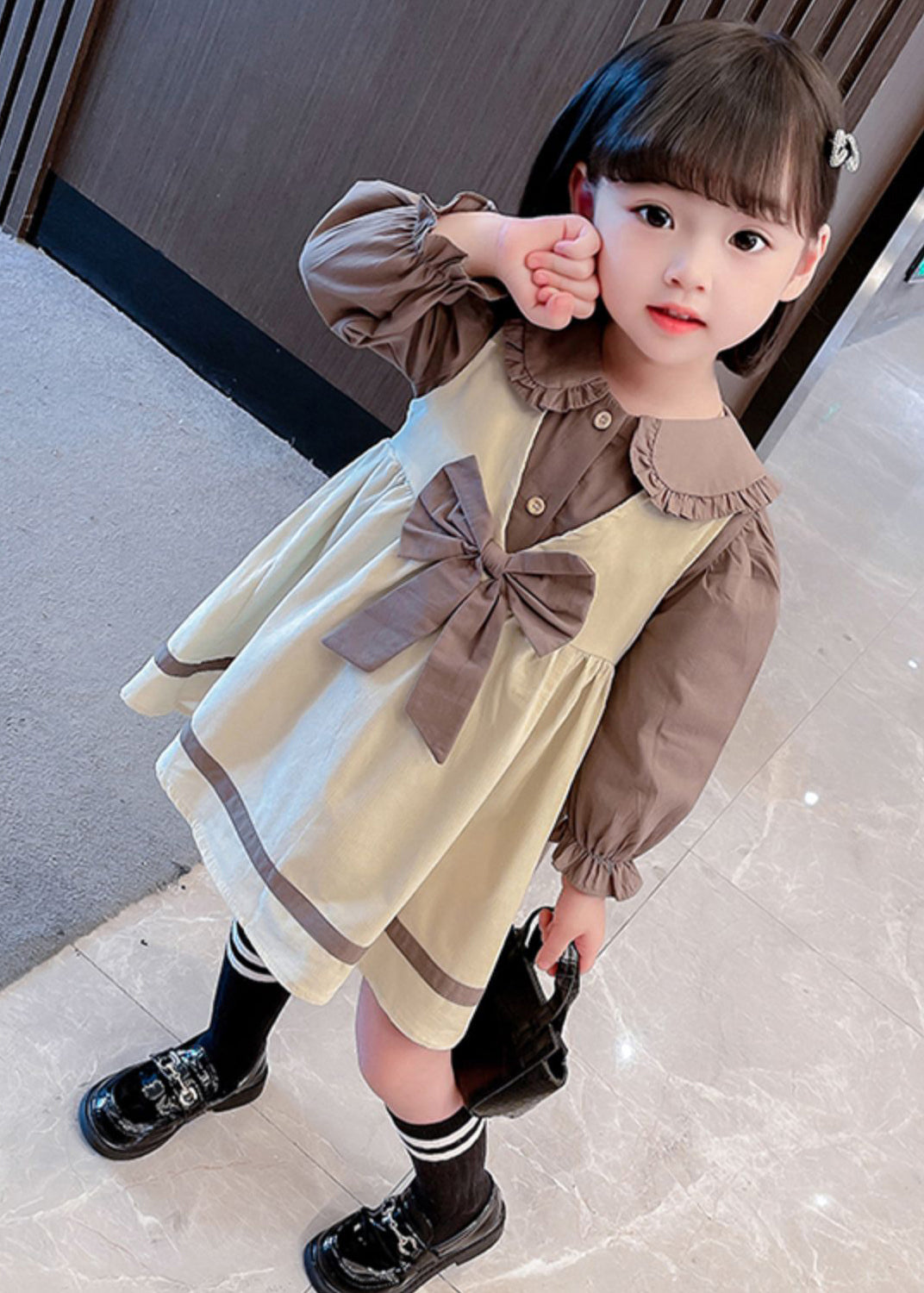 Ensemble deux pièces en coton pour fille avec chemise et robe à nœud kaki mignon automne XZ066