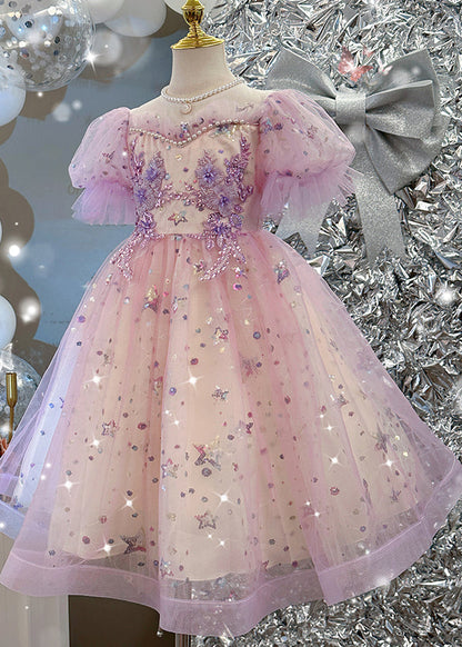 Cute Light Purple Nail Bead Star Tulle Girls Holiday Long Dress Summer YE007