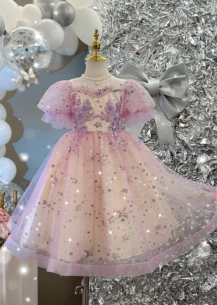 Cute Light Purple Nail Bead Star Tulle Girls Holiday Long Dress Summer YE007