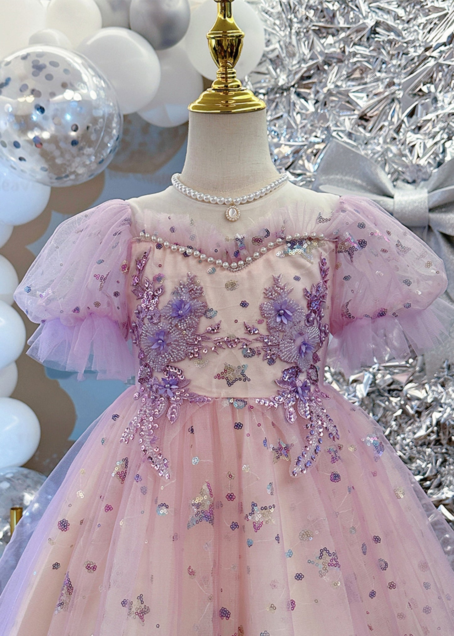 Cute Light Purple Nail Bead Star Tulle Girls Holiday Long Dress Summer YE007