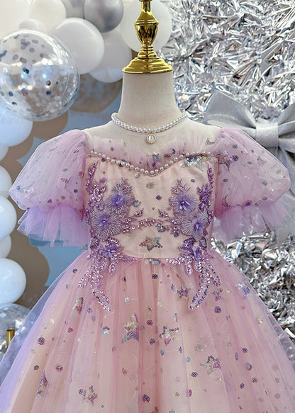 Cute Light Purple Nail Bead Star Tulle Girls Holiday Long Dress Summer YE007