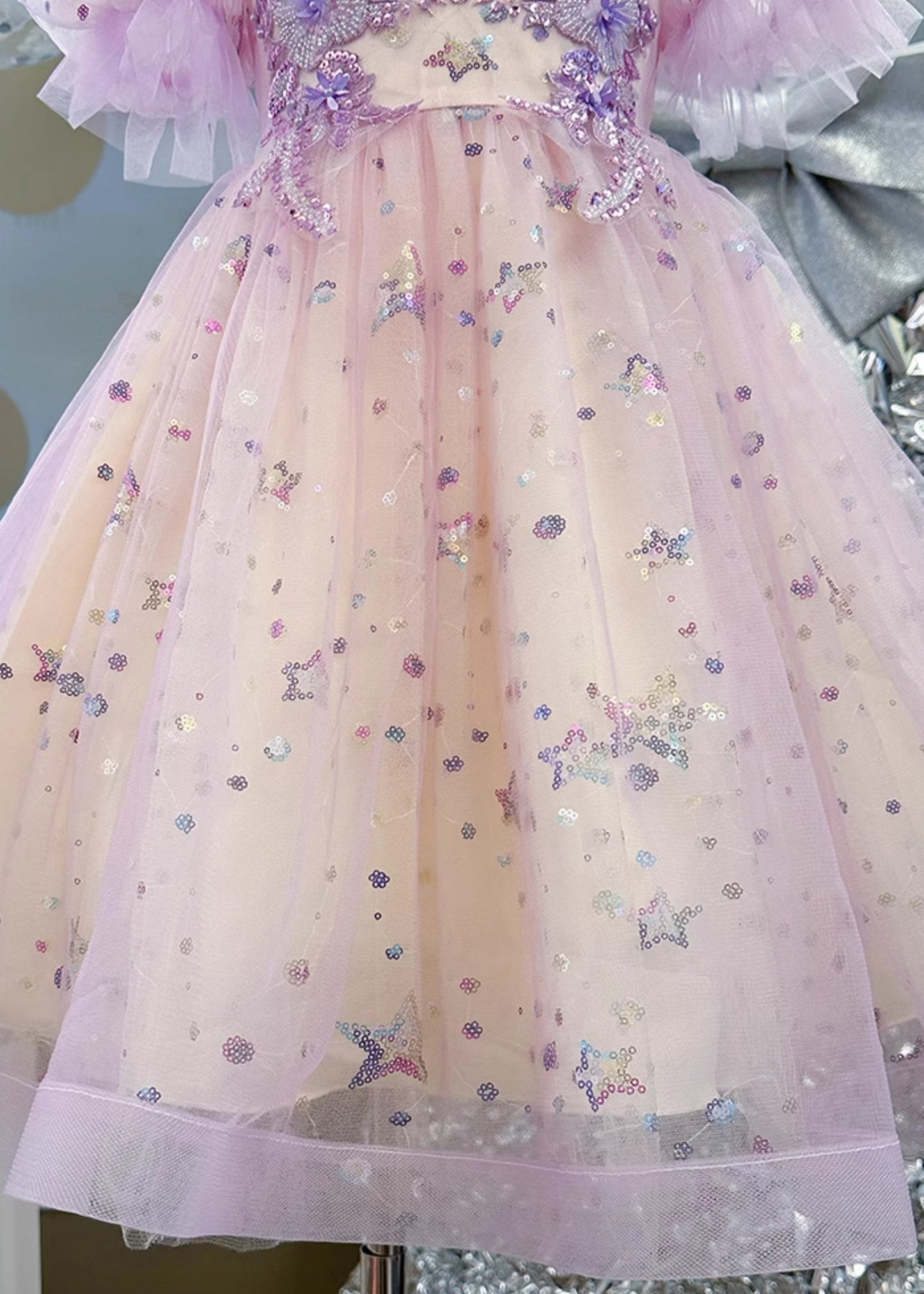 Cute Light Purple Nail Bead Star Tulle Girls Holiday Long Dress Summer YE007