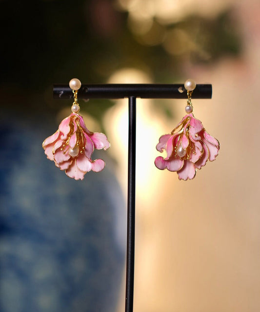 Boucles d'oreilles pendantes en alliage rose avec perles et émail en jade et orchidée WQ007