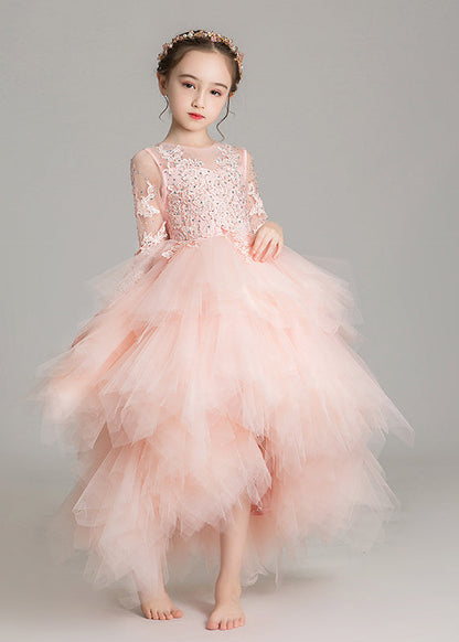 Cute Pink O-Neck Low High Design Tulle Girls Maxi Dress Sleeveless RP032