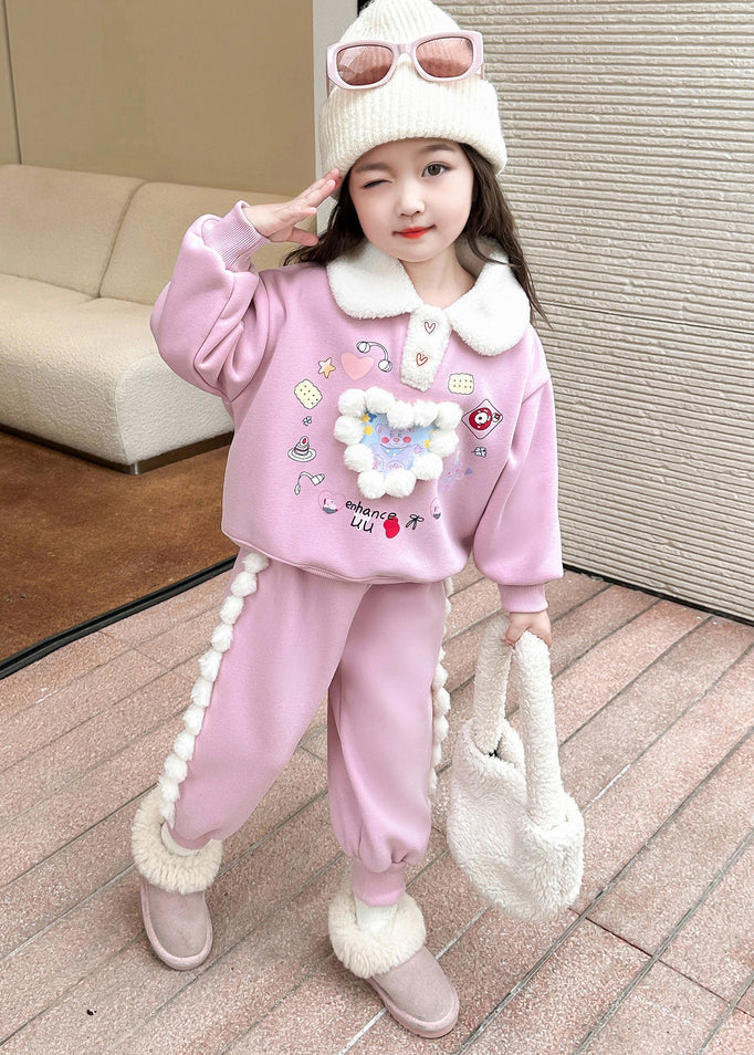 Cute Pink Patchwork Girls Warm Fleece Top And Lantern Pants Two Piece Set Winter TR038