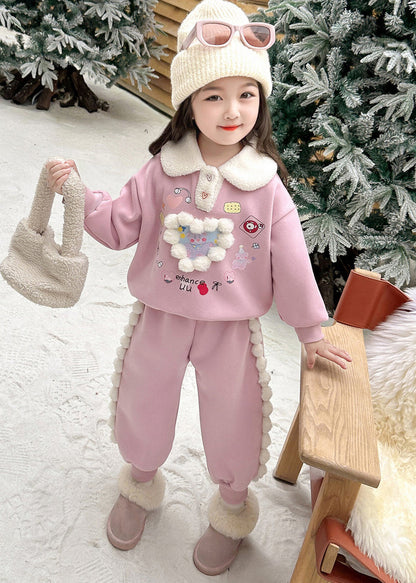 Cute Pink Patchwork Girls Warm Fleece Top And Lantern Pants Two Piece Set Winter TR038