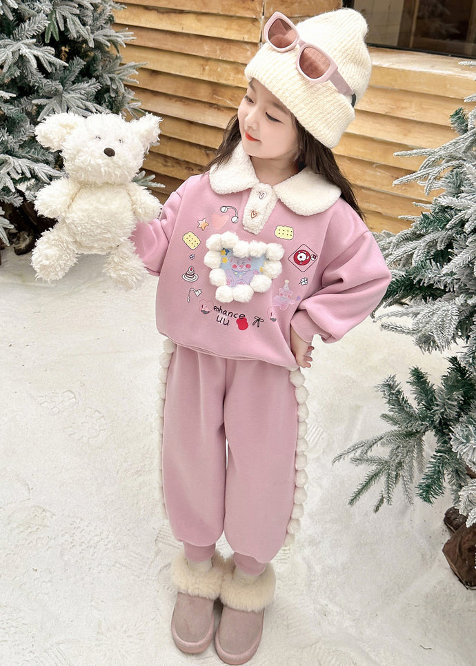 Cute Pink Patchwork Girls Warm Fleece Top And Lantern Pants Two Piece Set Winter TR038