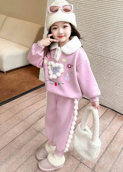 Cute Pink Patchwork Girls Warm Fleece Top And Lantern Pants Two Piece Set Winter TR038