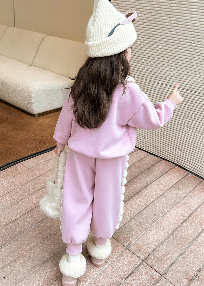 Cute Pink Patchwork Girls Warm Fleece Top And Lantern Pants Two Piece Set Winter TR038