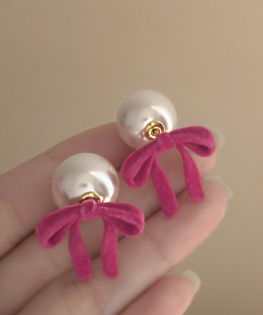 Cute Pink Silk Velour Alloy Pearl Bow Stud Earrings TS001