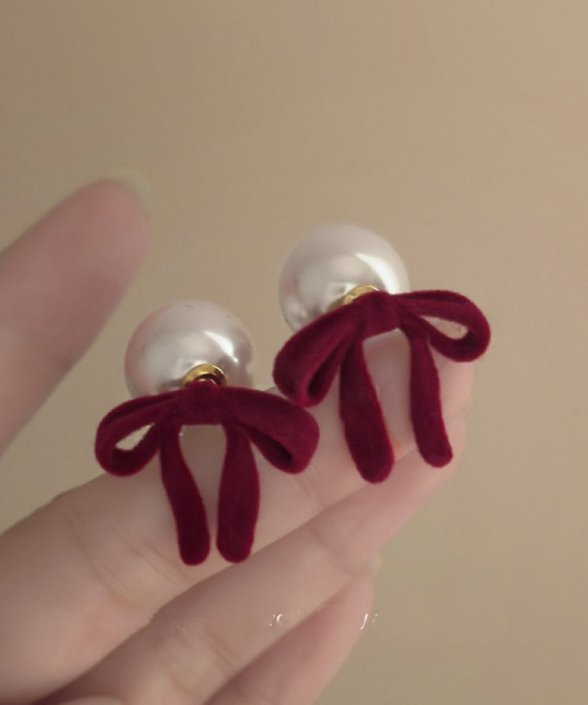 Cute Pink Silk Velour Alloy Pearl Bow Stud Earrings TS001