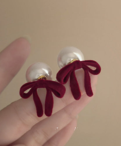 Cute Pink Silk Velour Alloy Pearl Bow Stud Earrings TS001