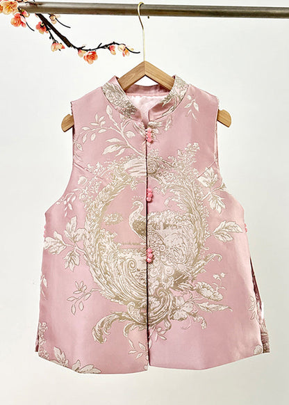 Gilet ouvert sur le côté avec joli col montant brodé de perles à clous rose pour l'automne AG1037