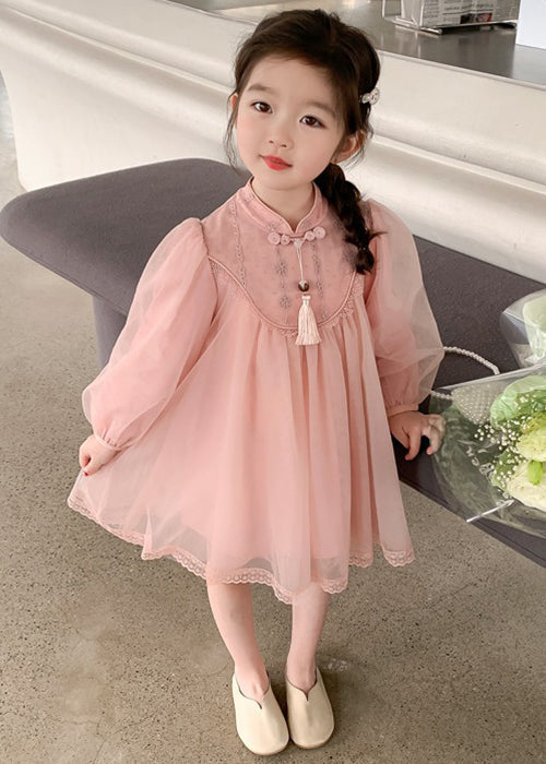 Süßes rosa Stehkragen Tüll Kinder Mädchen Kleid Langarm XZ057