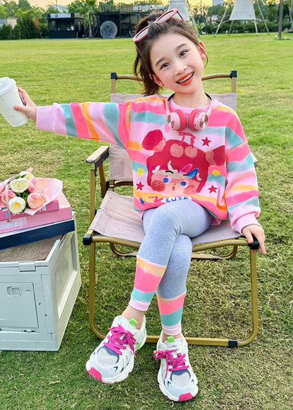 Cute Pink Striped Print Girls Top And Pants Two Pieces Set Spring TR031