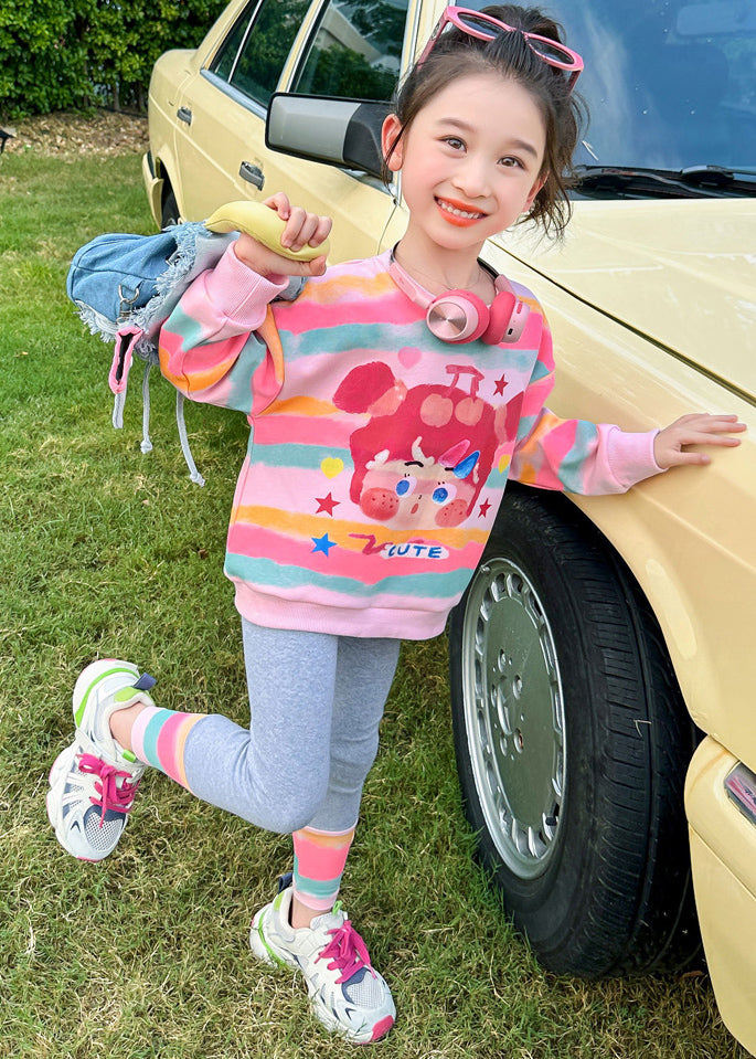 Cute Pink Striped Print Girls Top And Pants Two Pieces Set Spring TR031