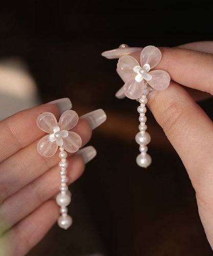 Cute Pink Weave Crystal Pearl Tassel Drop Earrings QI054