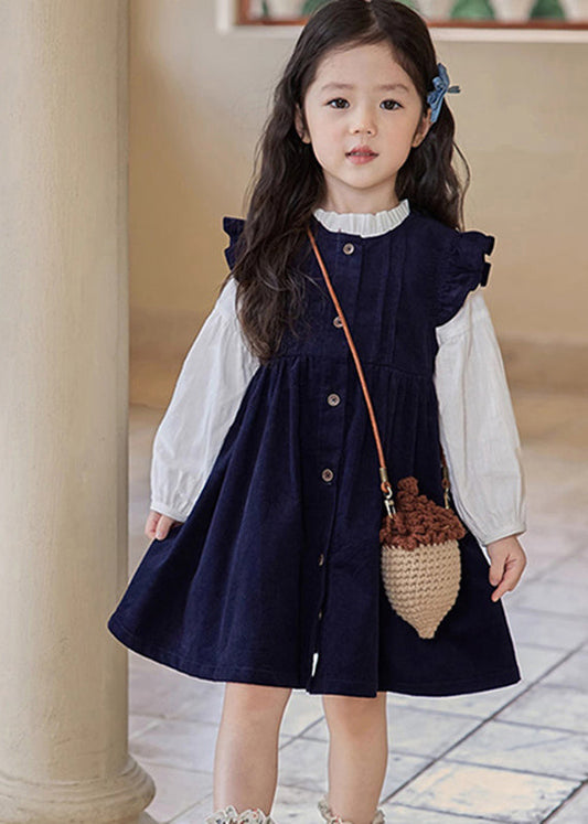 Cute Ruffled Patchwork Girls Long Dress And Shirts Two Pieces Set Puff Sleeve TR017