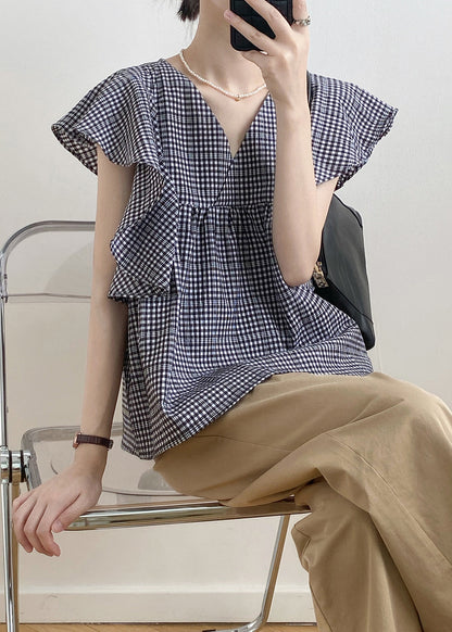 Cute V Neck Plaid Cotton Shirts Top Butterfly Sleeve QB007