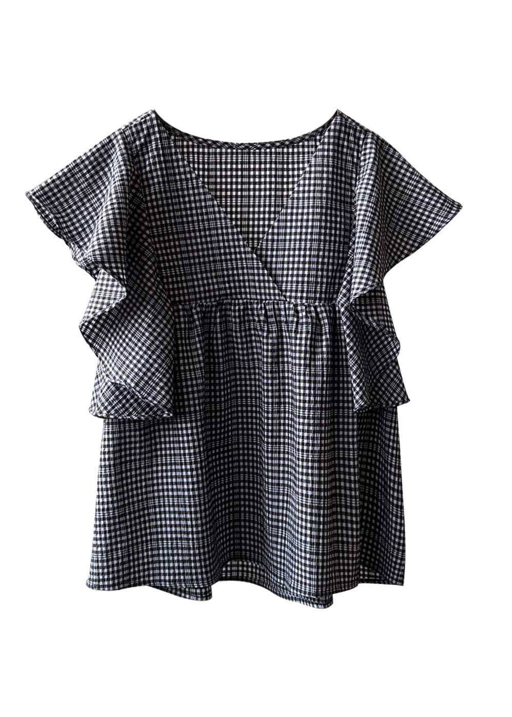 Cute V Neck Plaid Cotton Shirts Top Butterfly Sleeve QB007