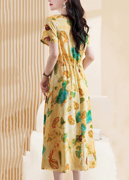 Cute Yellow Print Tie Waist Maxi Dresses Short Sleeve VB1019