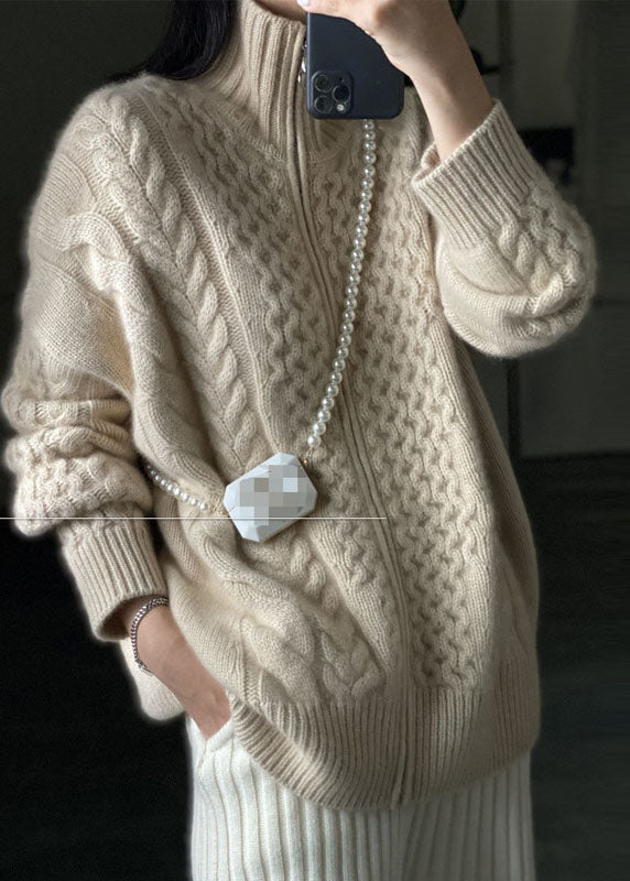 DIY Beige Zip Up Casual Woolen Knitted Tops Coat OO016