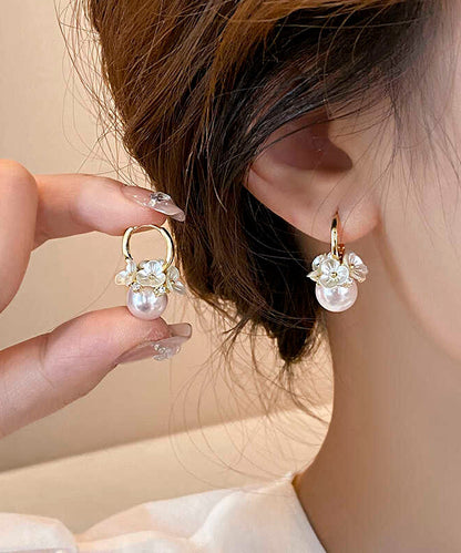 DIY White Alloy Floral Pearl Hoop Earrings WH003