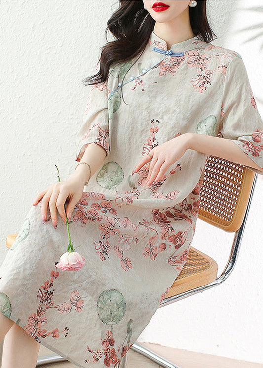 Elegant Apricot Button Print Linen Dress Half Sleeve JH012