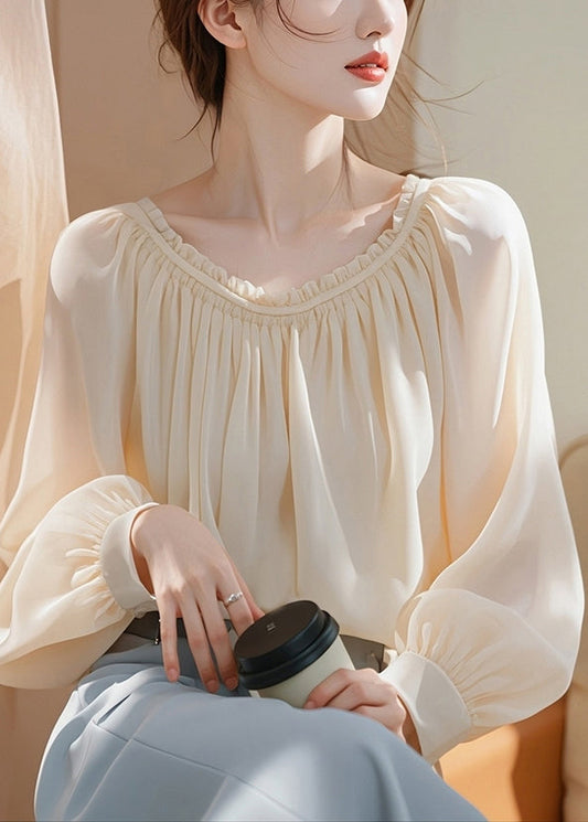 Elegant Apricot Ruffled Solid Chiffon Shirt Spring TY008