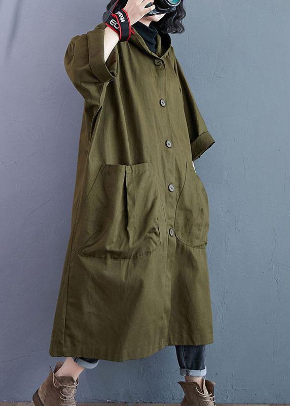 Elegant Army Green Pockets Button Fall Hooded Long sleeve Trench Coats QS061