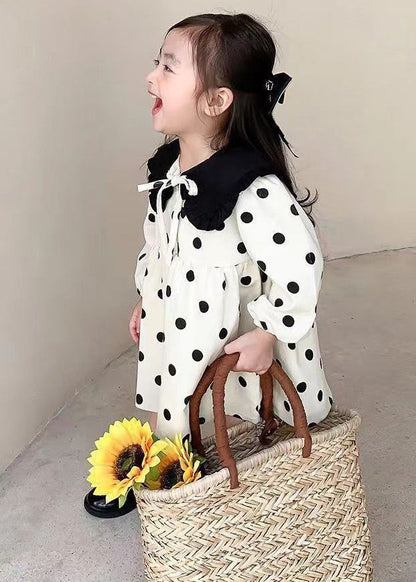 Elegant Beige Lace Up Dot Corduroy Girls Dresses Long Sleeve XZ083