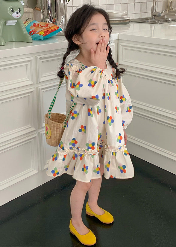 Elegant Beige Ruffled Print Cotton Girls Dress Long Sleeve XZ086