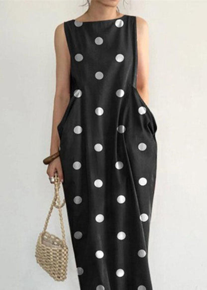 Elegant Black Dot Print Pockets Long Dresses Sleeveless VB1053